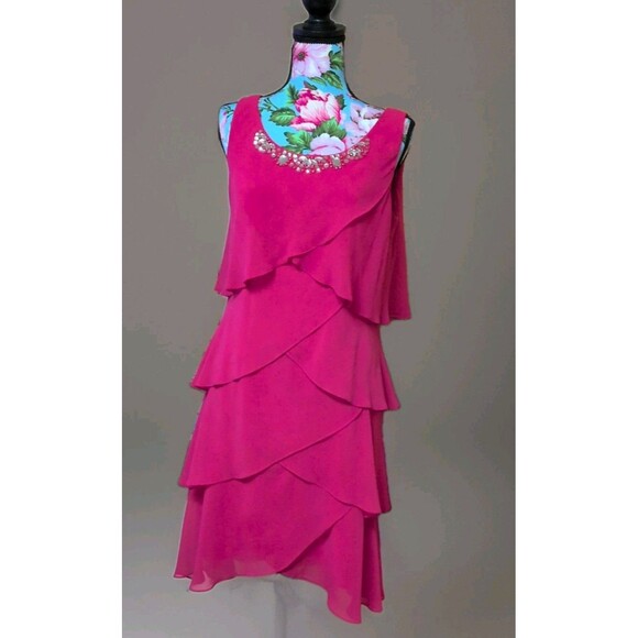 SLNY Womens Pink Embellished Midi Formal Cocktail and Party Dress 8 Fuschia - Picture 1 of 13